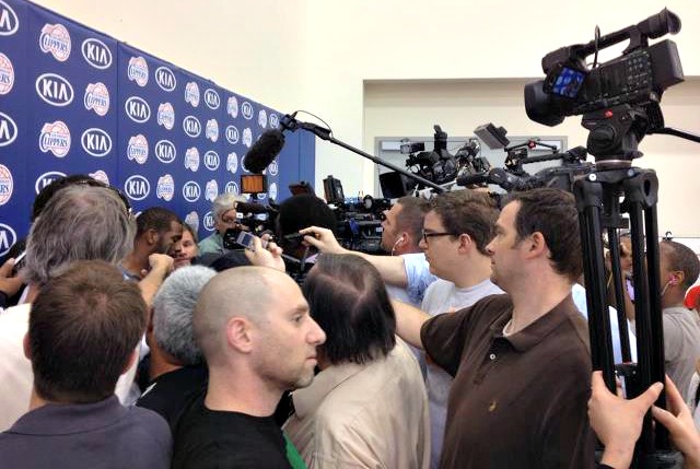 Interviewing CP3 in one of the most media crowded Clippers practices I can recall (photo courtesy Arash Markazi-ESPN LA)