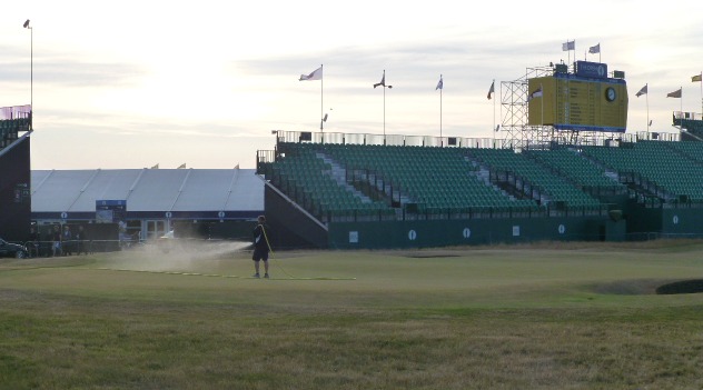 The 18th green being watered for a very big Sunday!