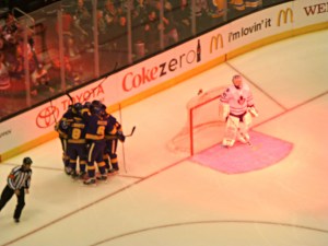 The Kings celebrate the first their newest teammate Marion Gaborik's first goal in L.A. vs. ex-King Jonathan Bernier