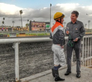 Chatting with Hall of Fame jockey Gary Stevens for the final time at the finish line.