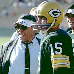 Starr with Lombardi who borrowed an L.A. Rams visor to use in Super Bowl I